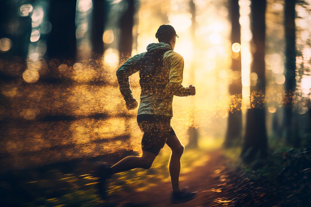 A man jogging in the woods at sunset.