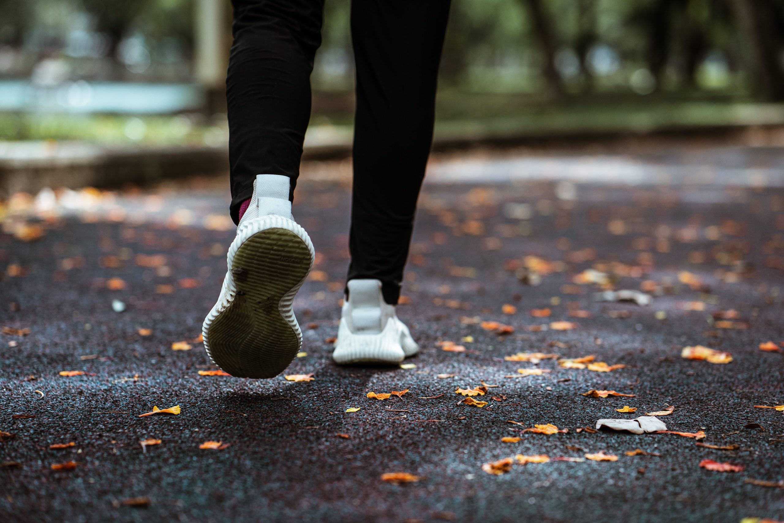 A person walking on a road with leaves in the background.