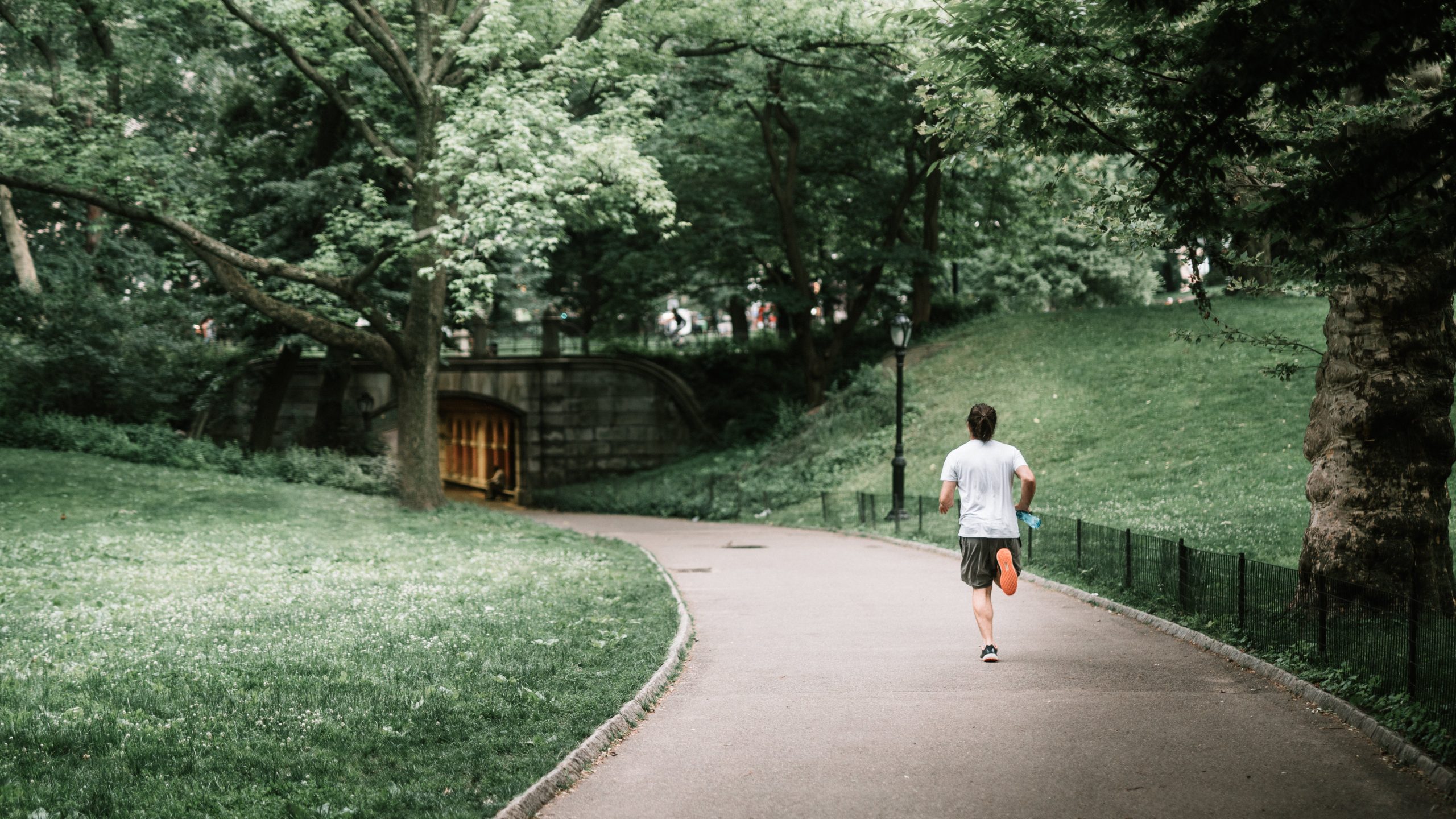 A man is jogging down a path in a park.