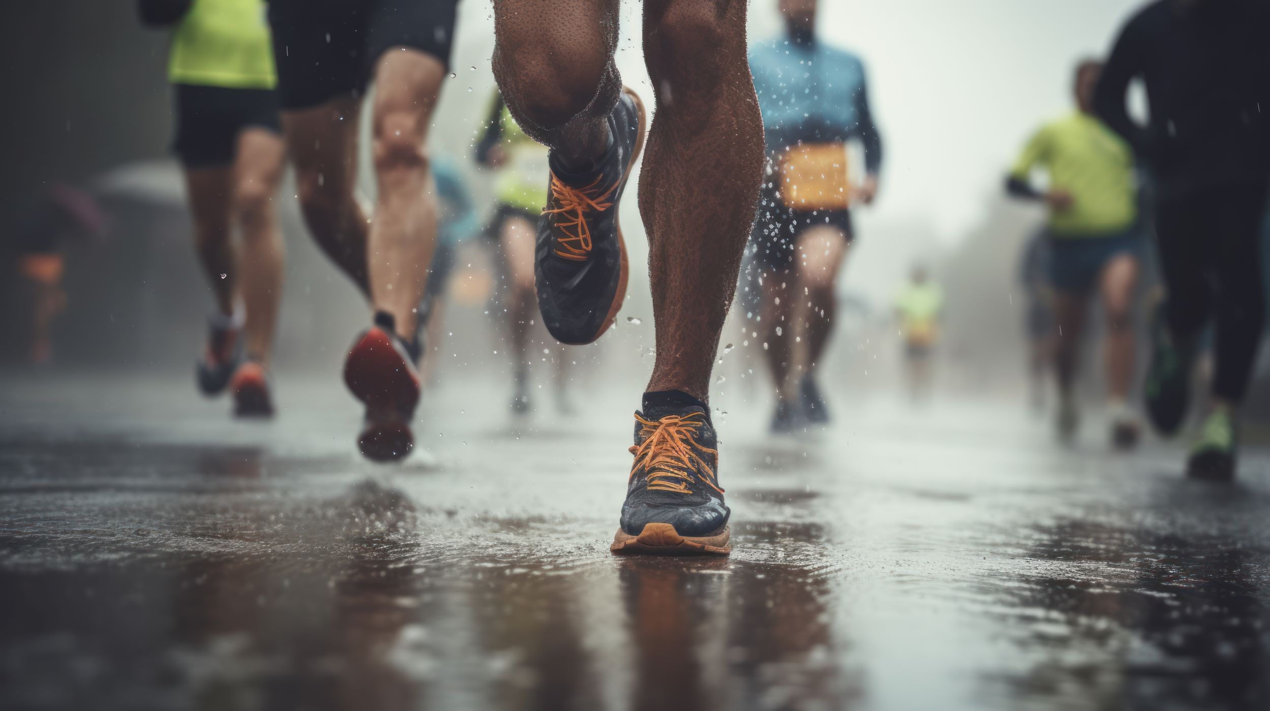 A group of runners running in the rain.