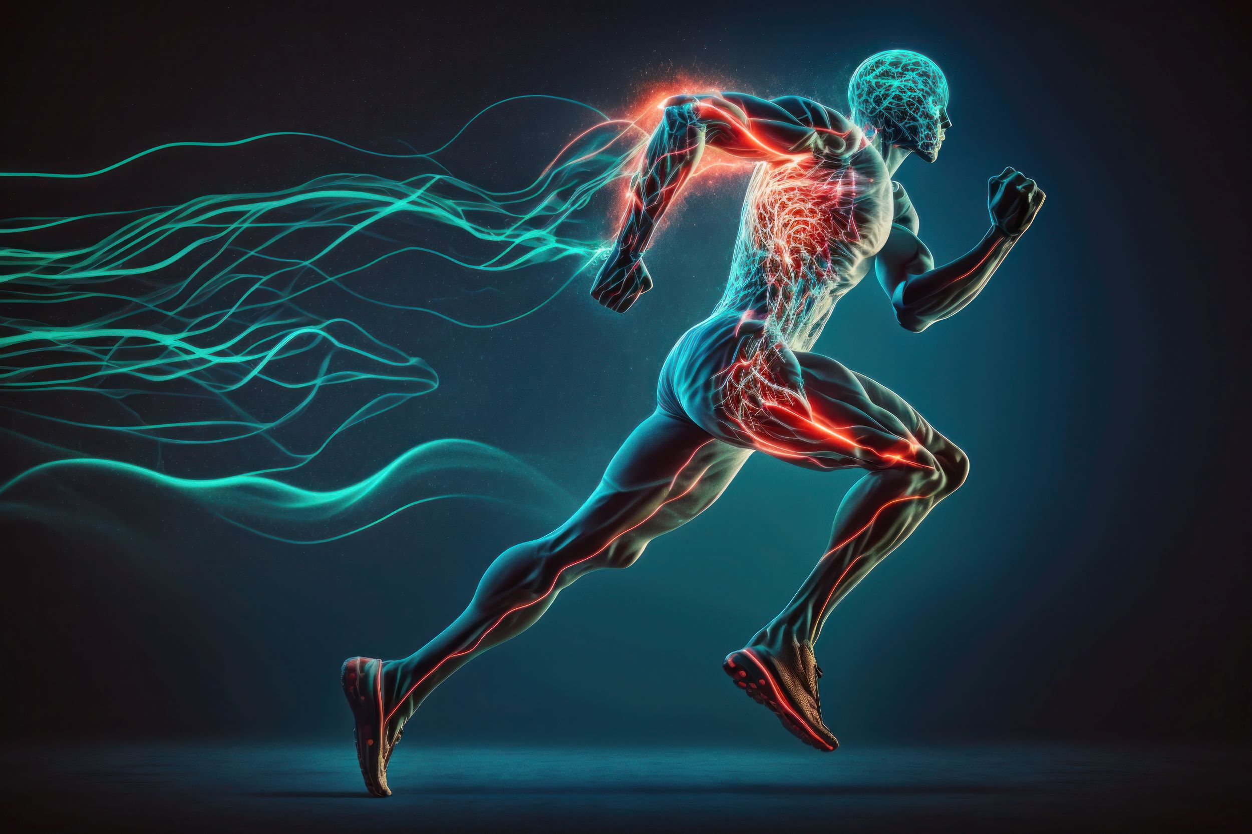 A man running with veins and veins.