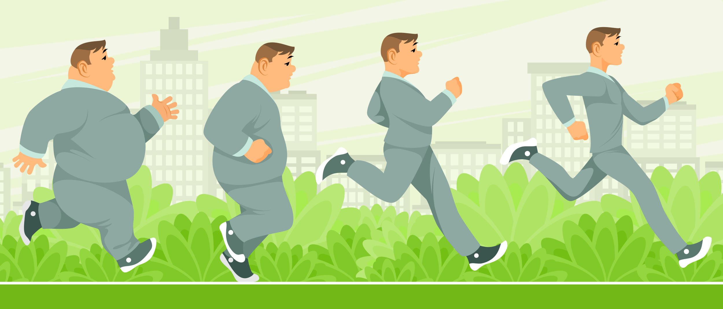 Four stages of a man getting fitter and slimmer through running.