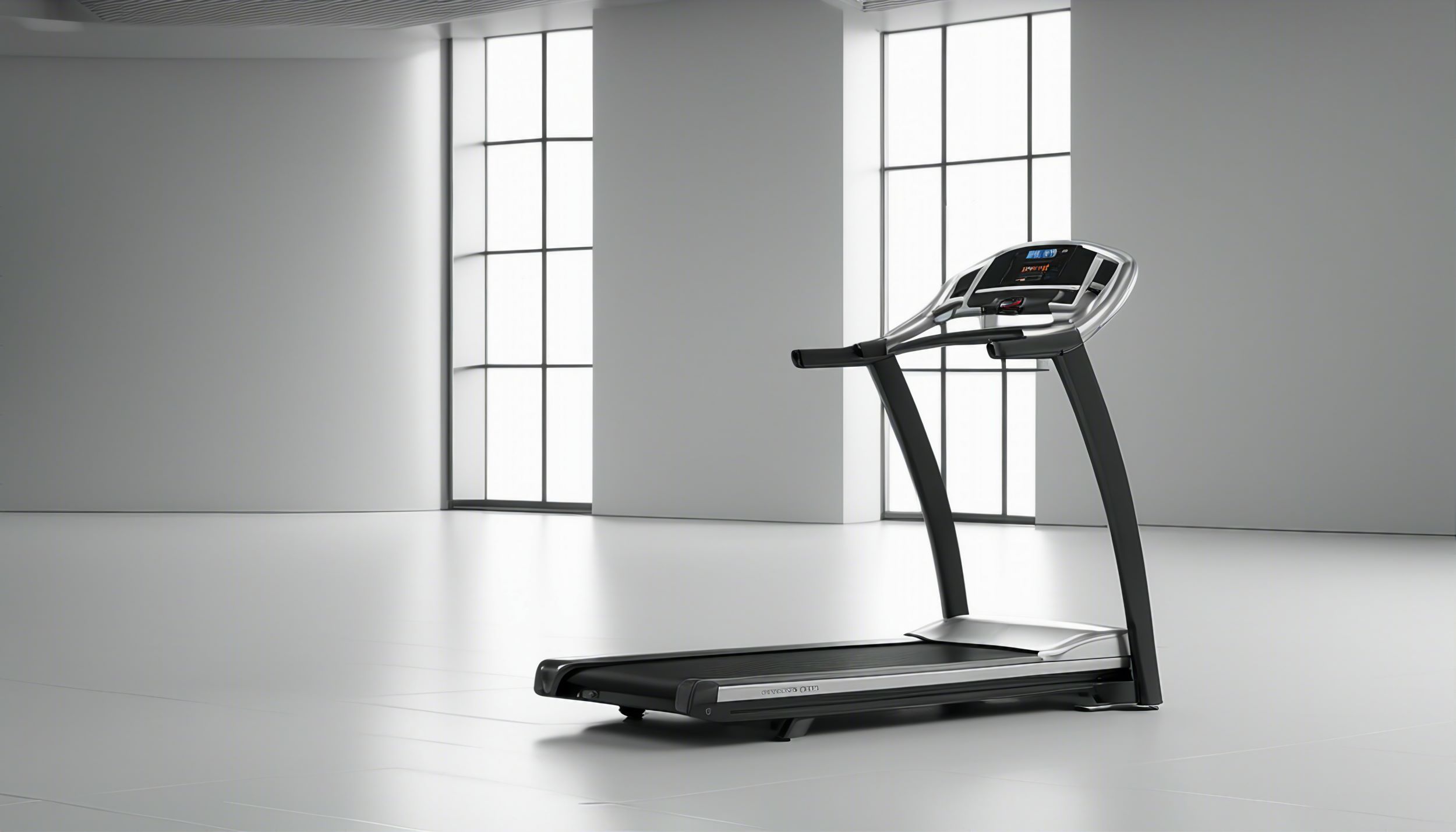A treadmill in a room with windows.