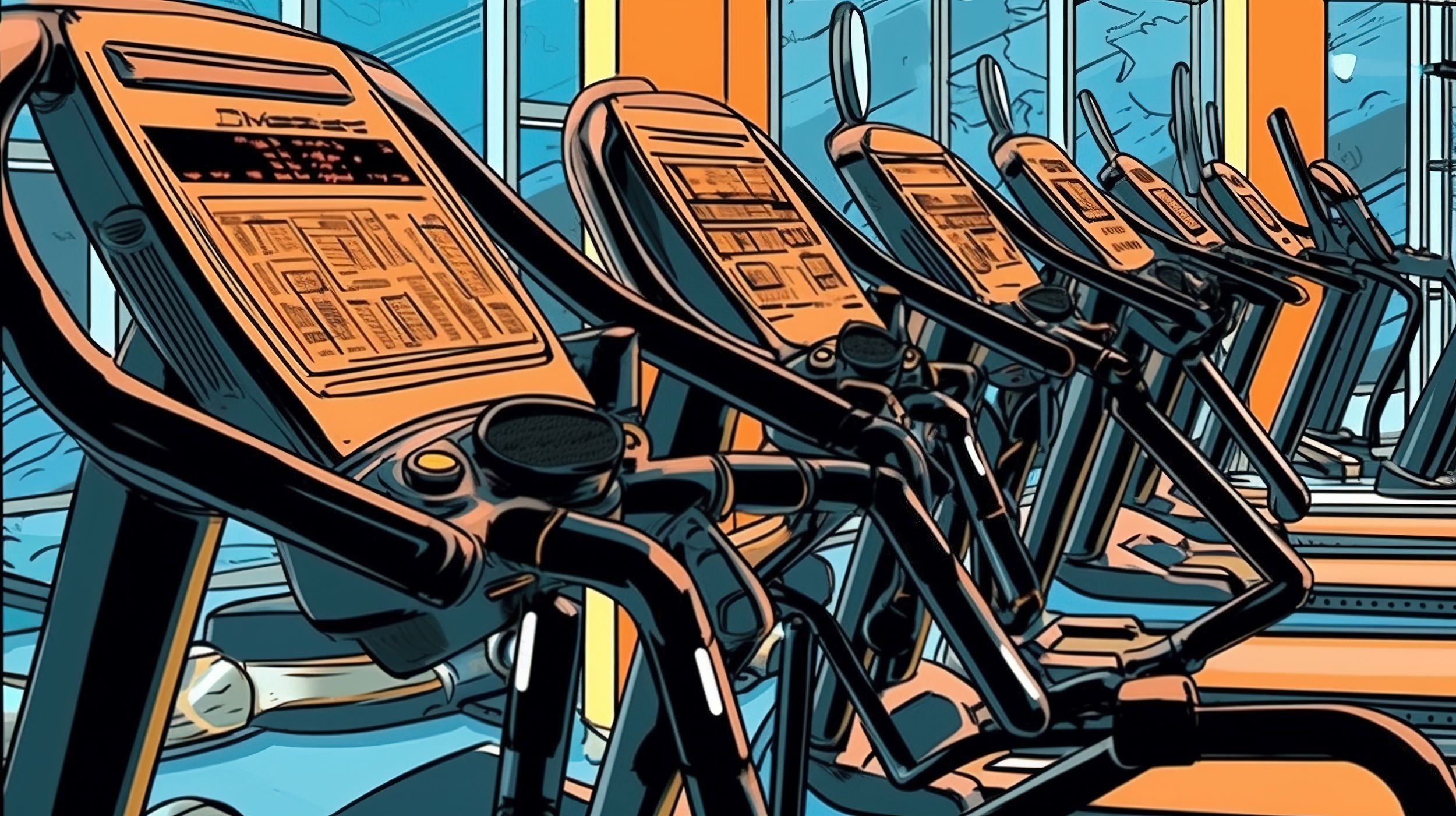 An illustration of a group of treadmills in a gym.