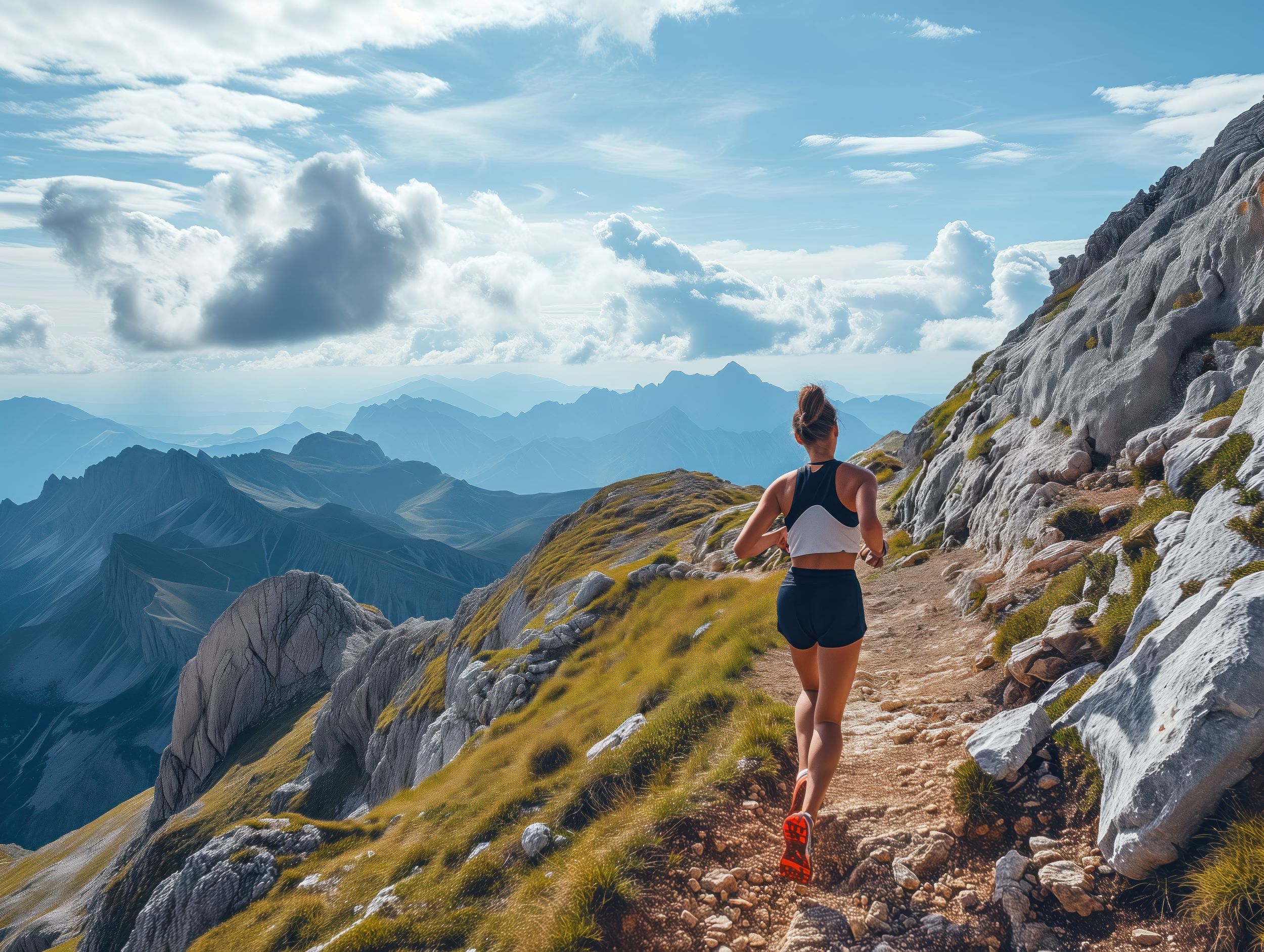 A woman runs along a trail on a mountainous path, surrounded by rocky terrain and green patches, with a panoramic view of distant peaks under a cloudy sky.