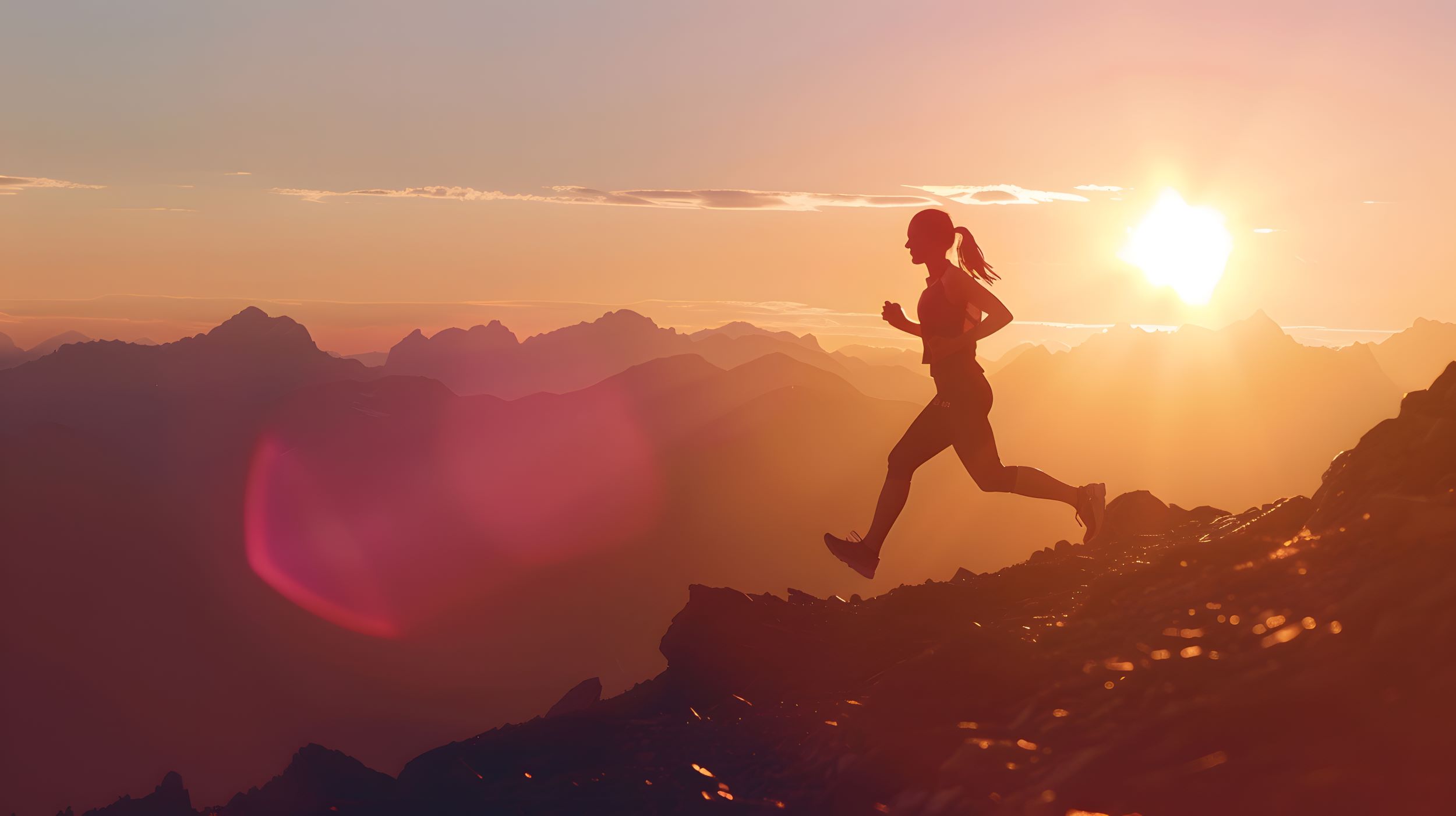 A person runs along a mountain ridge at sunset with distant mountain peaks in the background, and a bright sun casting an orange glow over the scene.